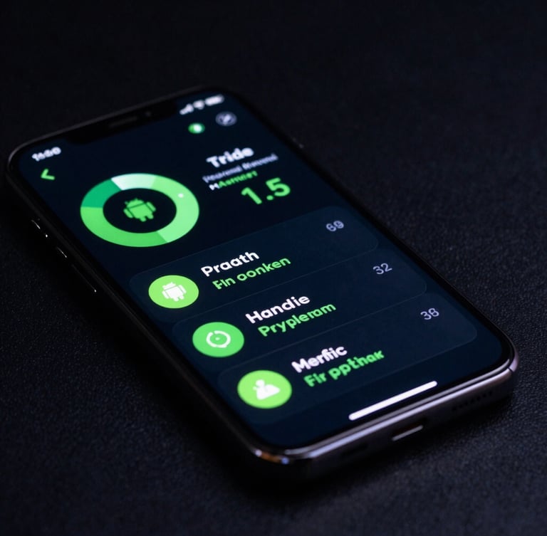 Dynamic low-angle shot of a sleek Android smartphone displaying a dark-mode health management dashboard, vibrant neon green accents, deep shadows.