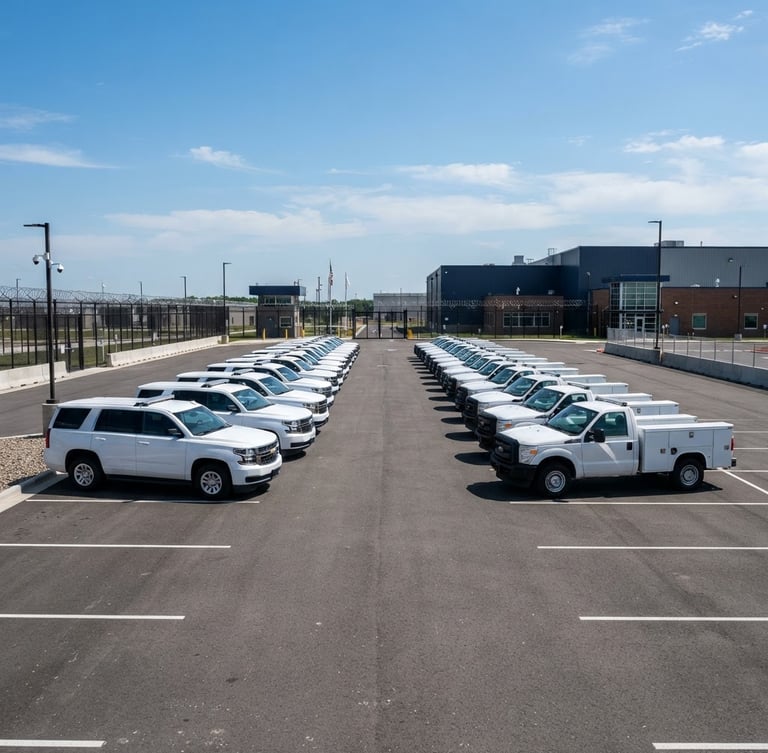 Crisp industrial photography, bright clear daylight, deep navy and slate tones, sharp focus, 35mm lens. A fleet of clean, aligned white utility vehicles parked in a secure government facility lot, low horizon, expansive sky, no text.