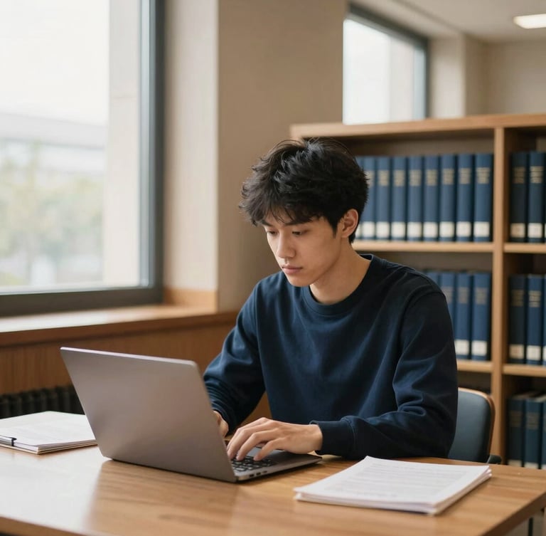 A focused postgraduate student working in a modern, wood-paneled university library, soft morning window light, deep navy books in background