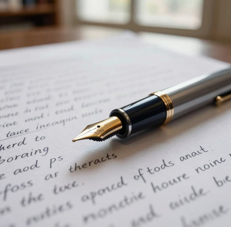 A close-up of a gold-nibbed fountain pen resting on a dense research paper with hand-written academic notes, warm library lighting, shallow depth of field