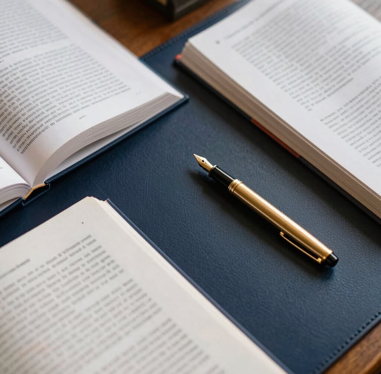 A close-up overhead flat-lay of structured research materials, open academic journals, and a gold-nibbed fountain pen on a deep navy leather desk mat, warm library lighting.