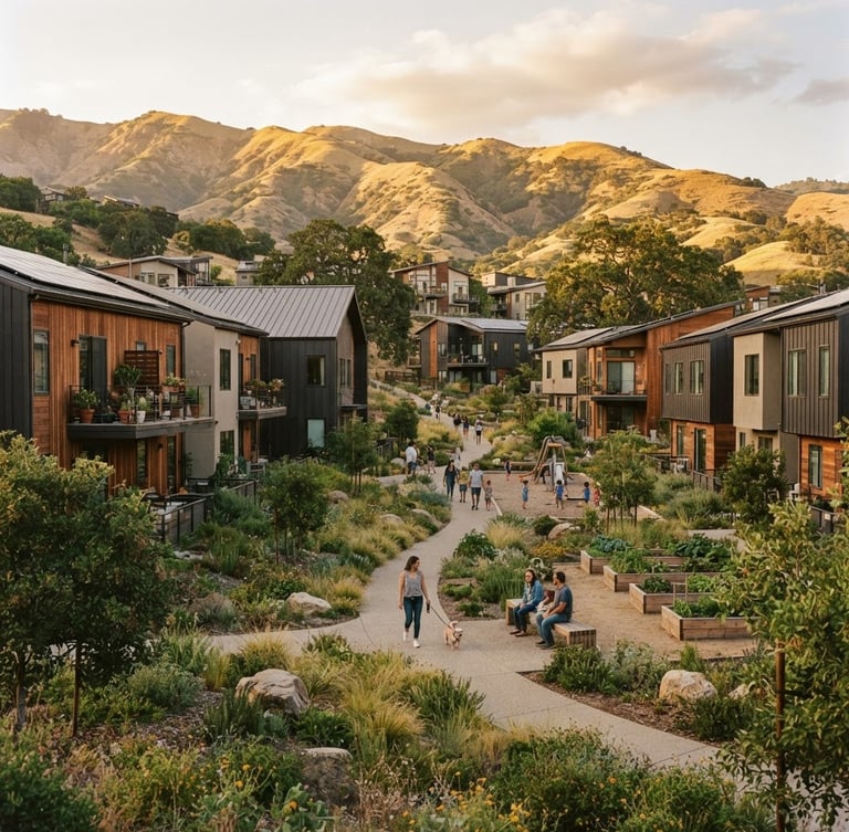 Architectural environmental shot of a modern, sustainable affordable housing community in the foothills, warm golden-hour daylight, native landscaping, 35mm film style.