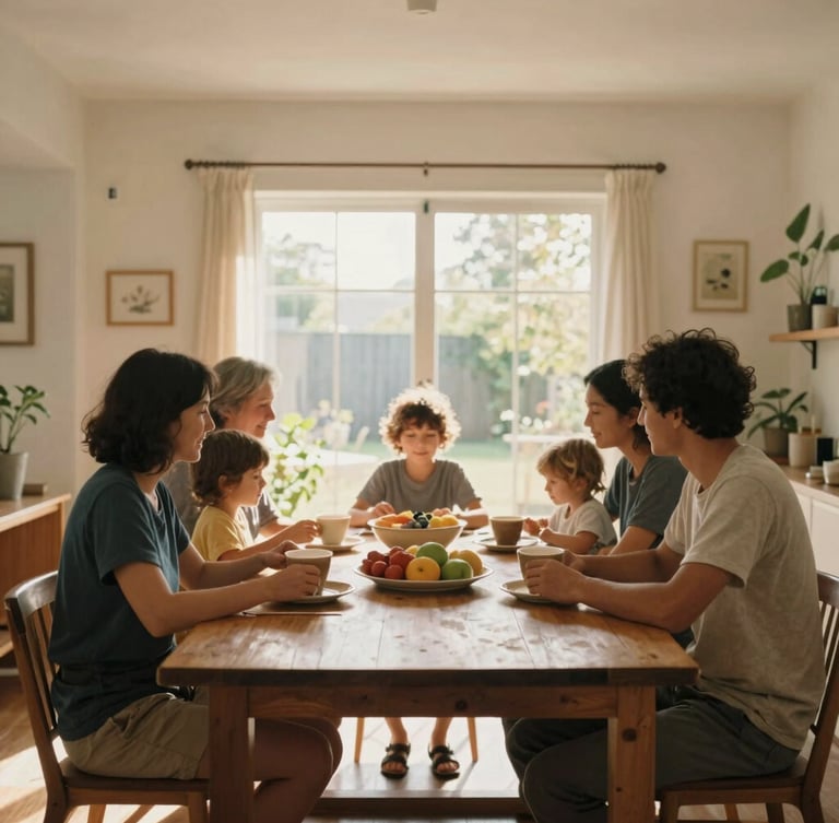 Warm environmental portrait of a family gathered around a wooden dining table in their bright, modern home, soft natural light filtering through a window, 35mm film style