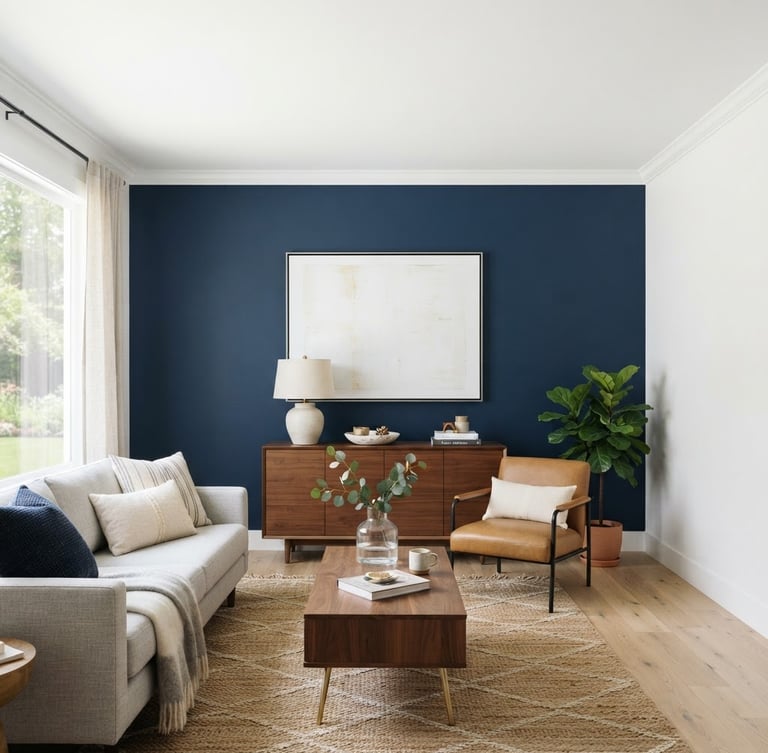 Straight-on architectural photograph of a bright modern living room with a crisp navy blue accent wall meeting a flawless white ceiling, sharp-edged trim, natural daylight, 35mm.