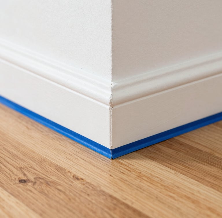 Macro detail shot of perfectly taped baseboard edges with a clean blue painter tape line on a pristine hardwood floor, bright daylight, sharp focus