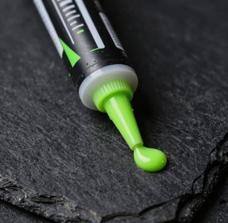 Macro close-up of a caulking gun applying a perfect, smooth neon-accented bead of sealant on dark slate tiles, sharp directional lighting, ultra-detailed texture