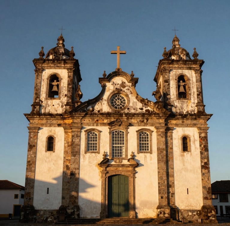 Wide panoramic shot of the historic Jesuit church in Anchieta at golden hour, warm light casting long shadows on ancient stone walls, clean compositions, 35mm lens