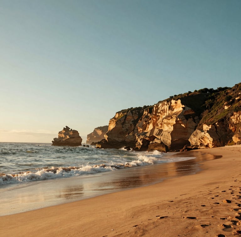 Wide panoramic golden hour view of the cliffs of Marataízes, soft waves hitting the sand, expansive sky with negative space on the left
