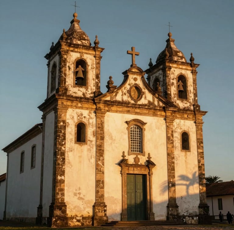 Warm golden hour light shining on historical stone church walls in Anchieta, Espírito Santo, professional travel photography, cinematic composition, 35mm lens