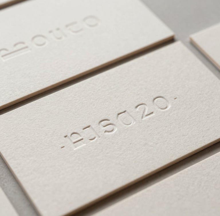 A close-up flat lay of tactile business cards with embossed sharp typography on heavy off-white paper, natural side lighting