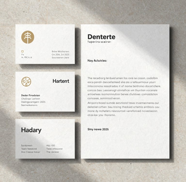 A straight-on flat lay of tactile business cards and letterheads showing heavy paper texture and sharp typography, arranged on a light stone surface with soft, indirect daylight shadows.