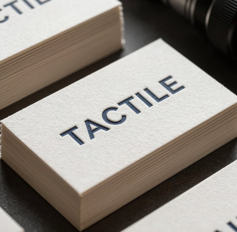 Tactile thick cotton business cards stacked neatly, showing deep letterpress texture and crisp typography, illuminated by soft natural side light.