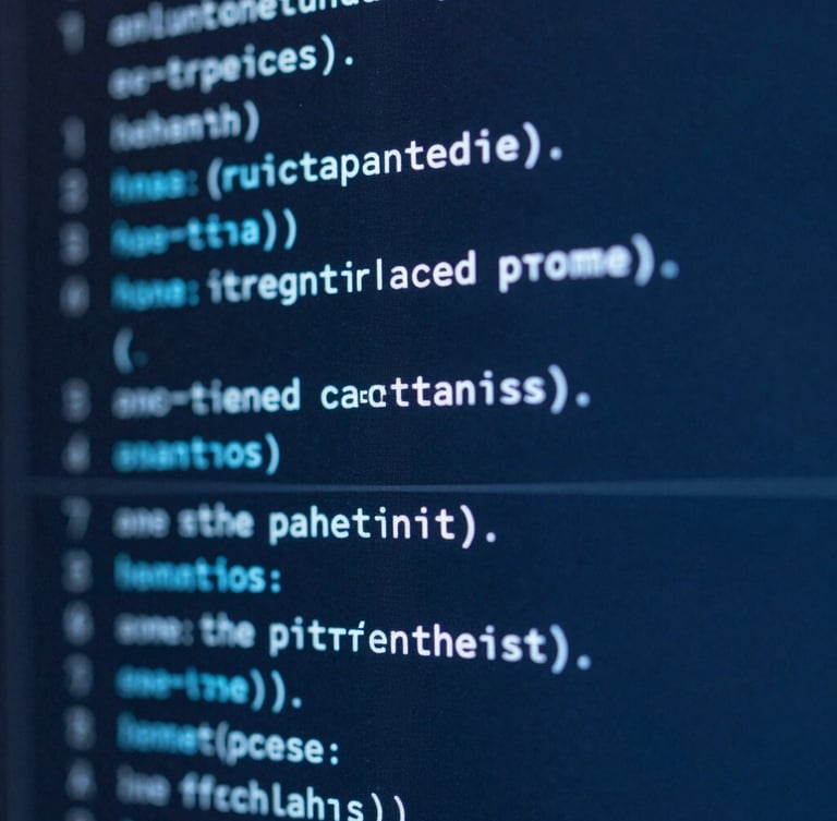Macro close-up of clean code blocks on a high-contrast monitor, cool blue screen-glow, shallow depth of field, technical blueprint aesthetic