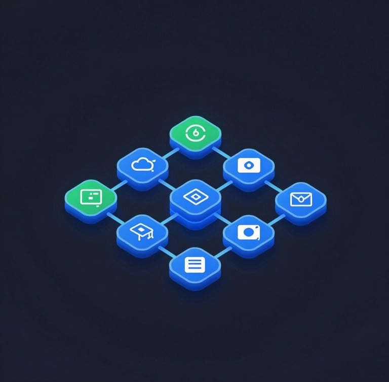 Sleek isometric vector schematic of a Google Cloud Platform architecture diagram, glowing blue and green nodes, dark slate background