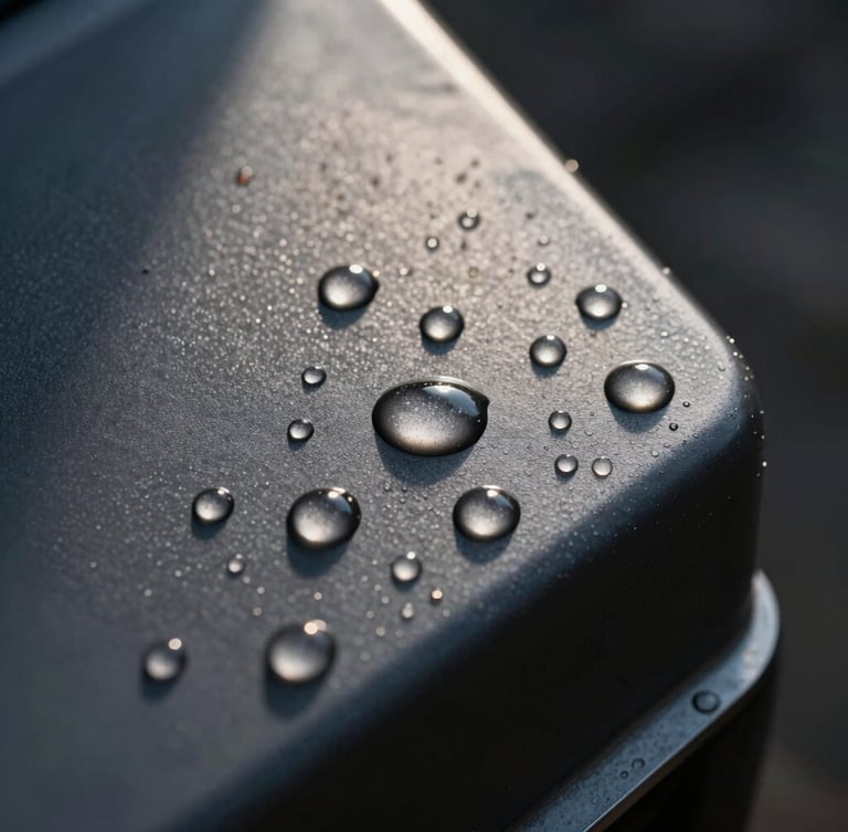 Extreme macro shot of water beading perfectly on a dark matte coated steel surface, sharp directional sunlight highlighting hydrophobic properties