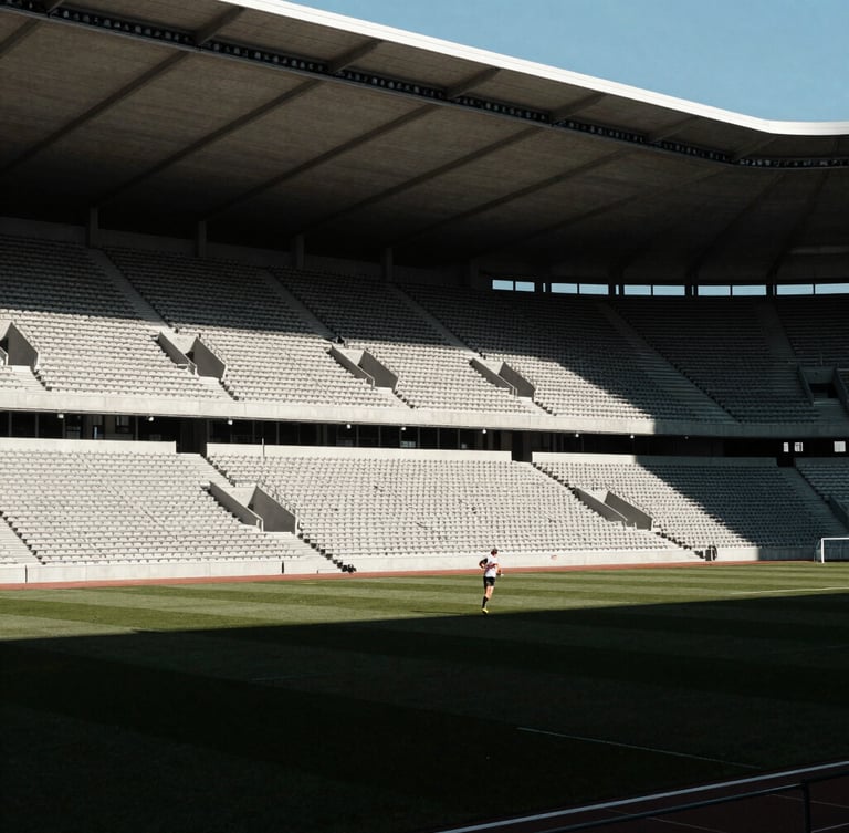 Architectural shot of an empty modern stadium in morning light, sharp shadows, clean lines, Swiss modernist aesthetic, 35mm lens