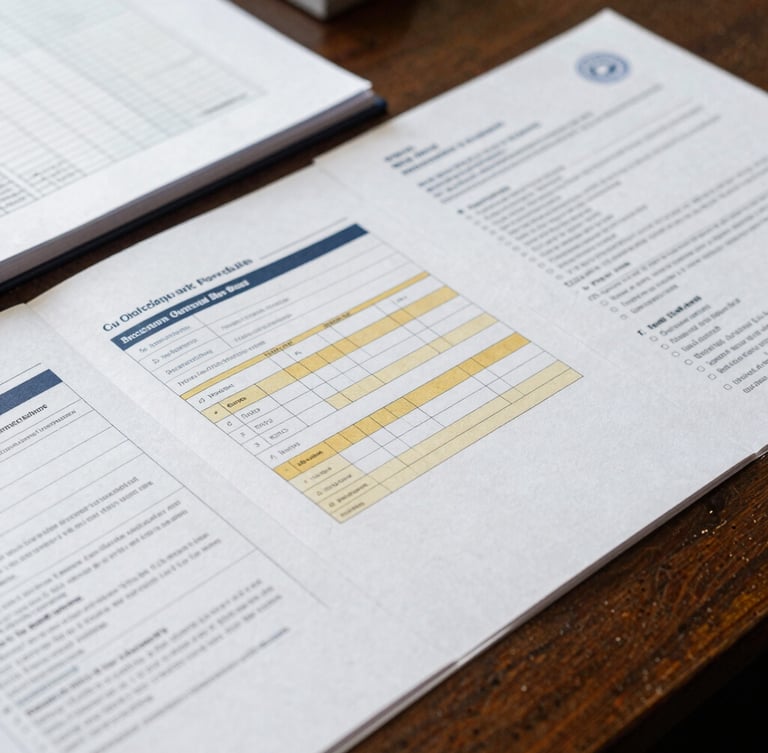 Close-up of structured curriculum plans and official academic documents on a dark wooden table, soft natural light, editorial photography, 35mm