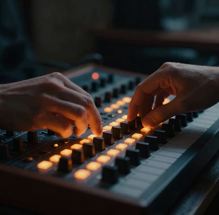 Cinematic close-up of hands adjusting a modular synthesizer patch bay, glowing orange LEDs, low-key atmospheric studio lighting, shallow depth of field, 35mm