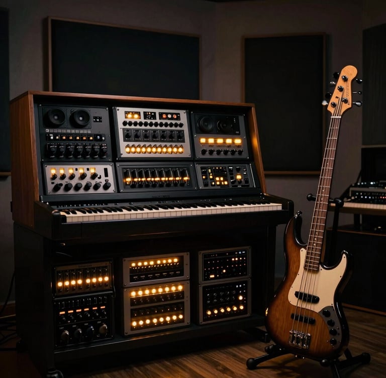 Wide environmental shot of a dark-mode music studio, rack gear glowing with amber LEDs, a 5-string bass guitar on a stand, low-key dramatic lighting, 35mm