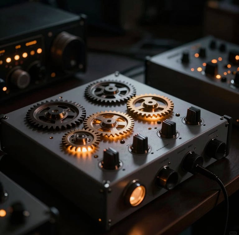 Low-key cinematic studio shot of glowing rack gear, warm amber LEDs illuminating analog compressors and preamps, deep shadows, 35mm
