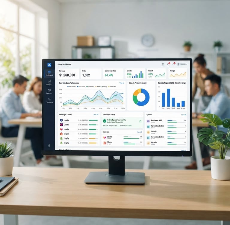 Crisp front-facing software dashboard mockup showing real-time sales charts and order sync status, bright natural office lighting, clean commercial photography, soft shadows, sharp focus, 35mm