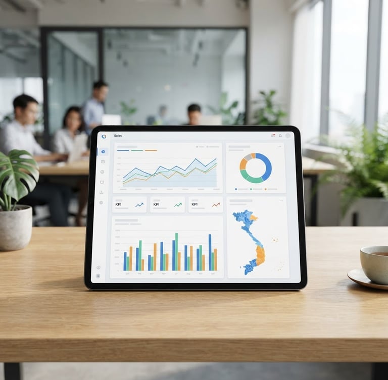 Crisp front-facing software mockup of a sales dashboard on a tablet, bright natural office lighting, modern Vietnamese business setting, soft shadows, sharp focus, 35mm