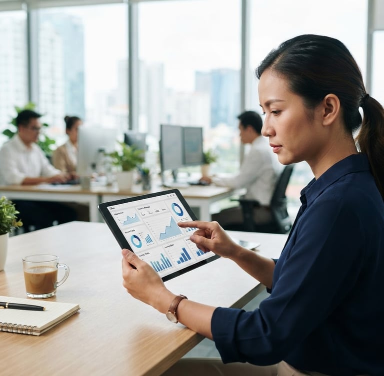 Clean minimalist mockup of a unified multi-channel sales dashboard on a tablet, bright natural office lighting, Vietnamese business setting, soft shadows, sharp focus, 35mm