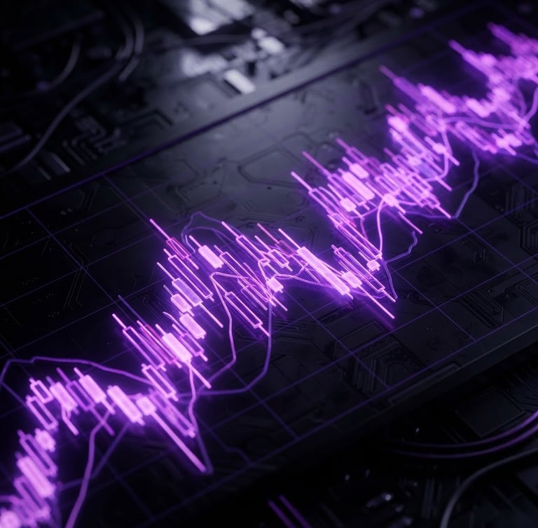 Sleek 3D render of abstract financial charts, glowing violet neon light, dark cybernetic aesthetic, macro shot of candlestick patterns on a dark screen