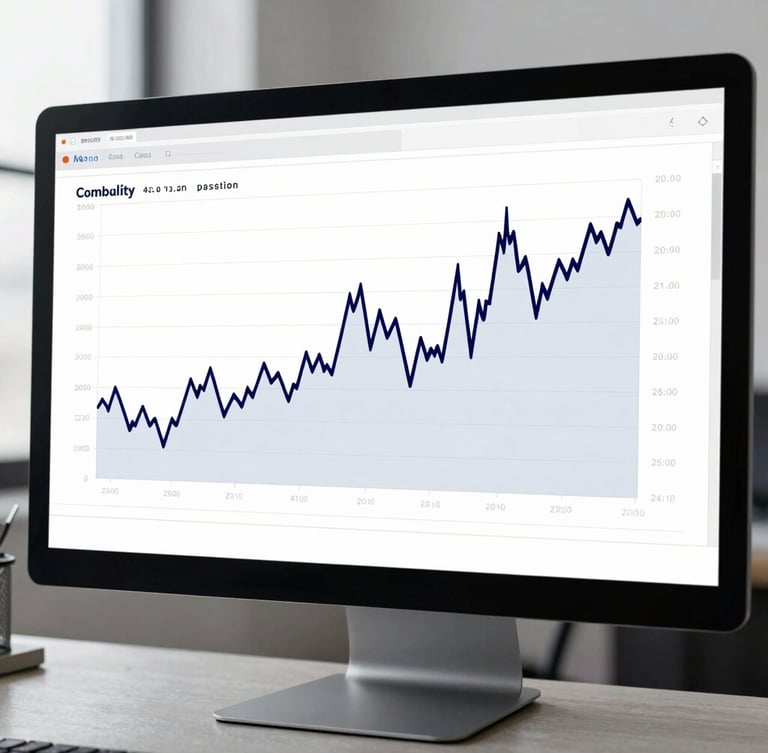 A clean, modern financial line chart displayed on a sleek monitor, showing historical commodity price trends with deep navy lines against a crisp white interface, cool daylight