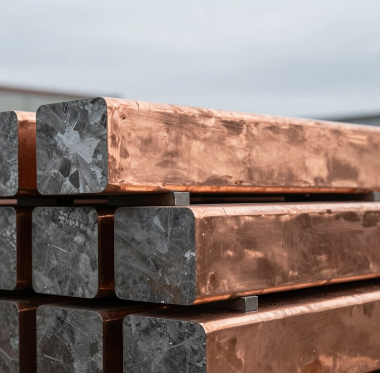 Macro close-up of pure copper cathodes stacked in an industrial warehouse, cool overcast daylight, desaturated steel and slate tones, 35mm lens