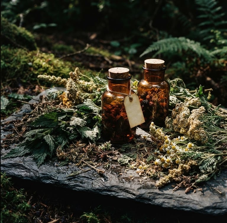 Close-up of dried wildcrafted herbs and amber glass bottles on dark slate, moody forest light, tactile texture, 35mm film photography