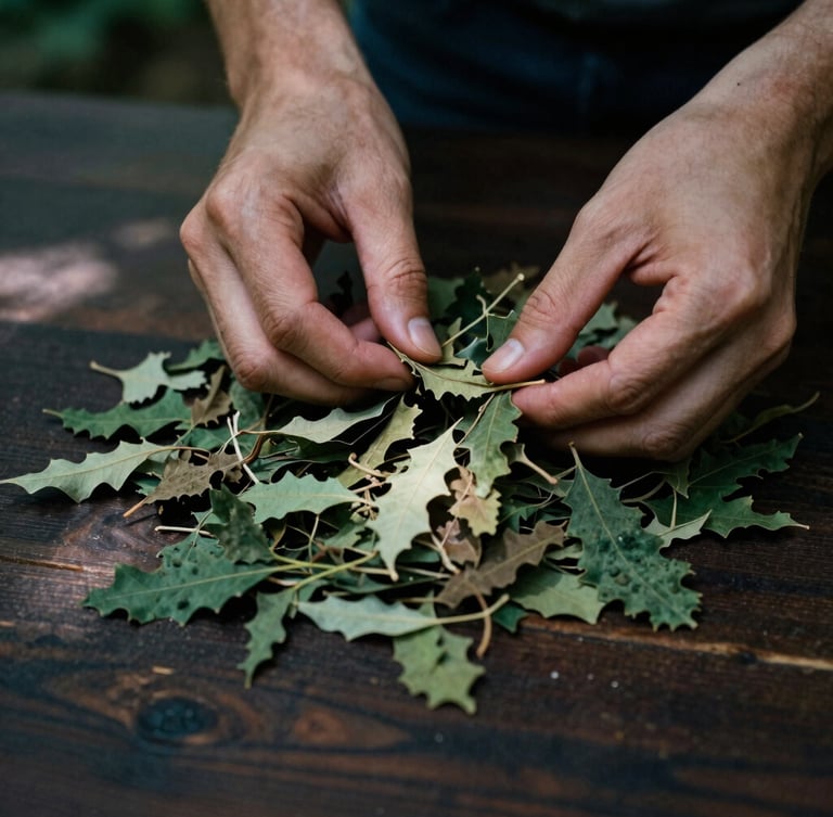 Close-up of hands carefully sorting freshly dried wildcrafted leaves on a dark wooden table, low-key natural light, tactile textures, deep earthy green and soil tones, 35mm film photography.