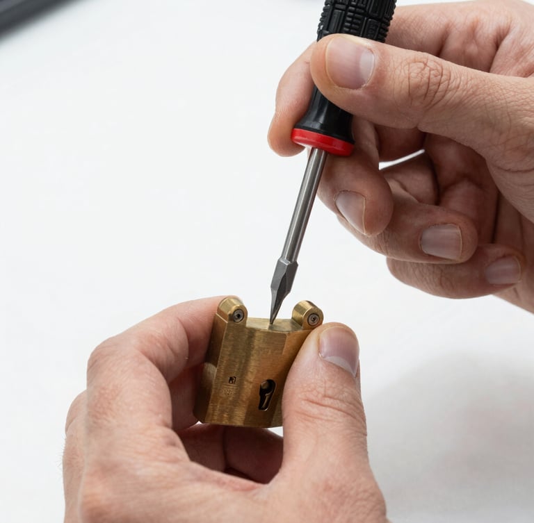 Close-up of hands working on a brass lock mechanism with a screwdriver, bright daylight, high contrast, industrial tones