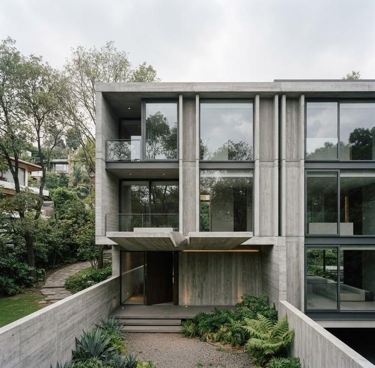 Premium modern residential architecture in Lomas de Chapultepec, clean concrete lines, large glass windows reflecting soft overcast sky, 35mm lens