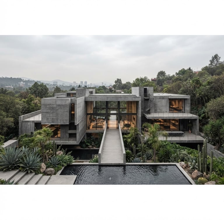 Wide panoramic architectural shot of a modern minimalist concrete residence in Mexico City, soft overcast daylight, clean lines, graphite tones