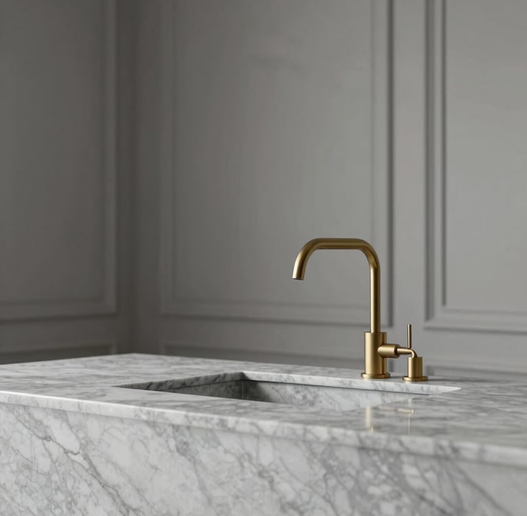 Close-up of premium interior finishes, marble counter, minimalist brass faucet, soft natural side light, architectural detail