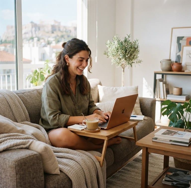 Warm lifestyle photography, bright natural daylight, a cheerful young Greek woman sitting on a cozy sofa in a modern Athens apartment, working on her laptop, soft focus, 35mm