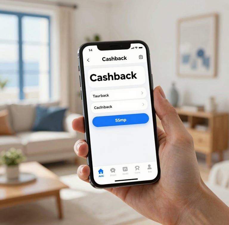 Close-up of a hand holding a modern smartphone displaying a clean cashback app interface, soft natural daylight, warm tones, cozy Greek home background.