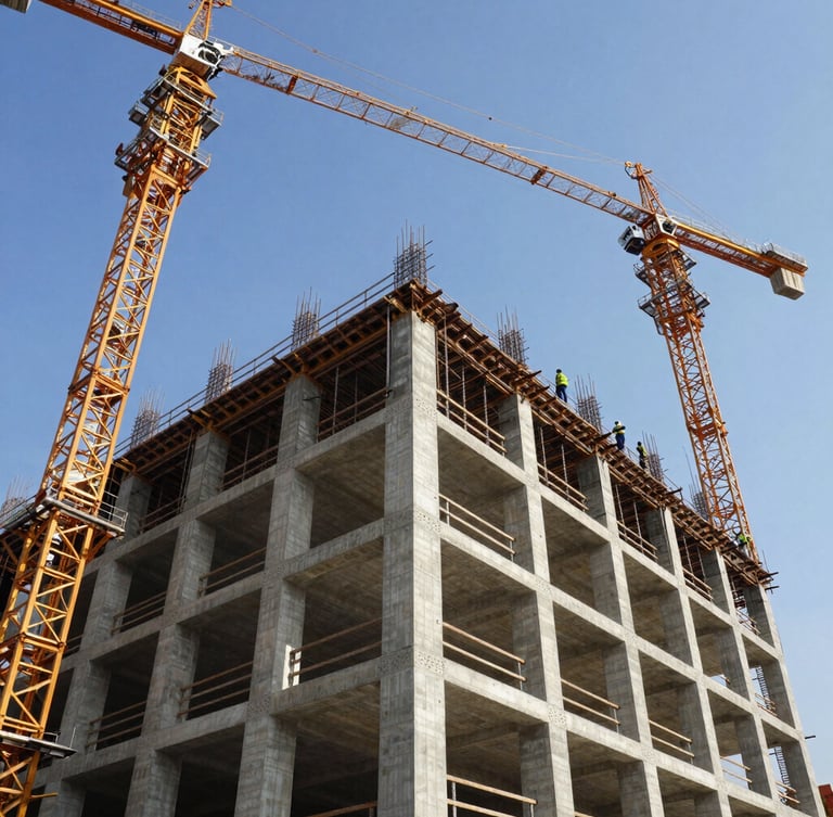 Heroic low-angle daylight shot of a massive concrete structure under construction in Hyderabad, featuring tower cranes and engineers in safety gear inspecting the work.