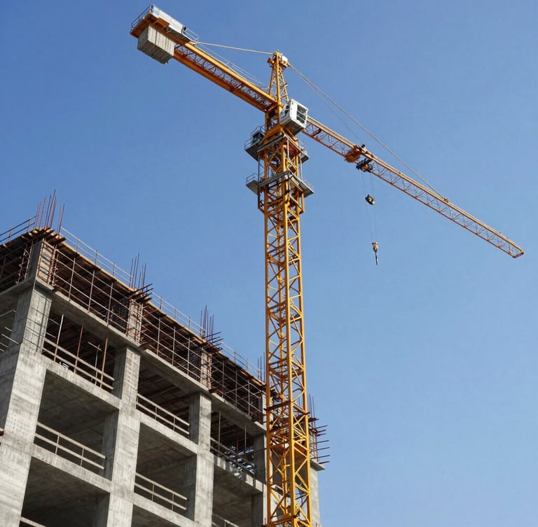 Heroic low-angle daylight shot of a high-capacity tower crane lifting structural steel over an active concrete building frame in Hyderabad.