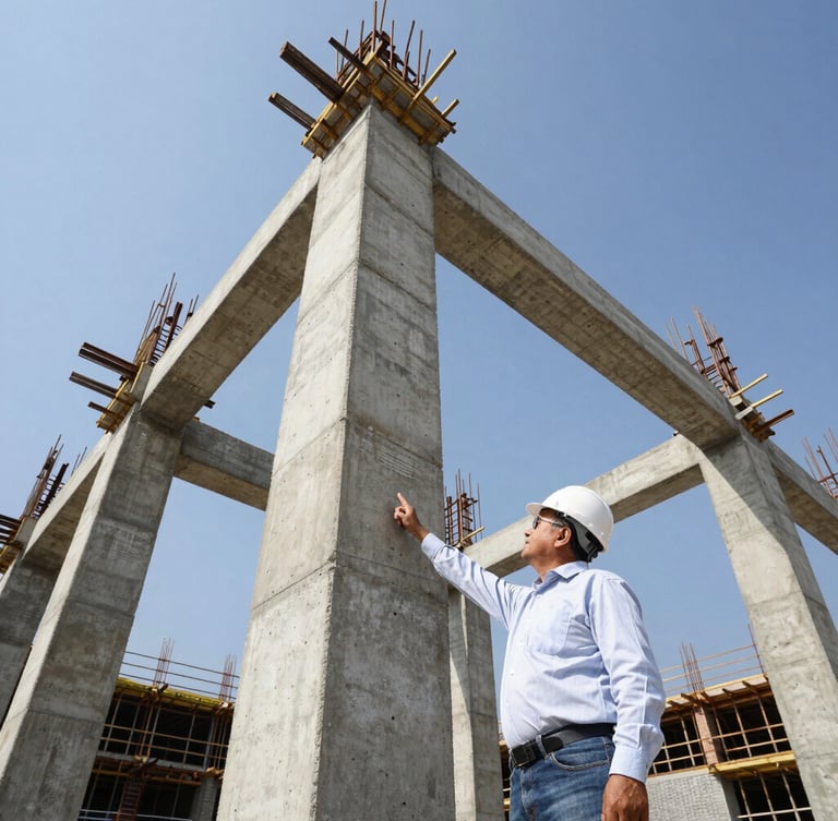 Low-angle shot of a senior civil engineer in a white hardhat pointing at a structural concrete column on an active Hyderabad construction site, bright daylight.