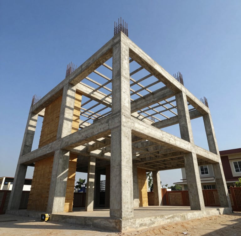 Low-angle heroic shot of active reinforced concrete framing at a premium Hyderabad villa community, bright daylight, sharp structural shadows, high-contrast.