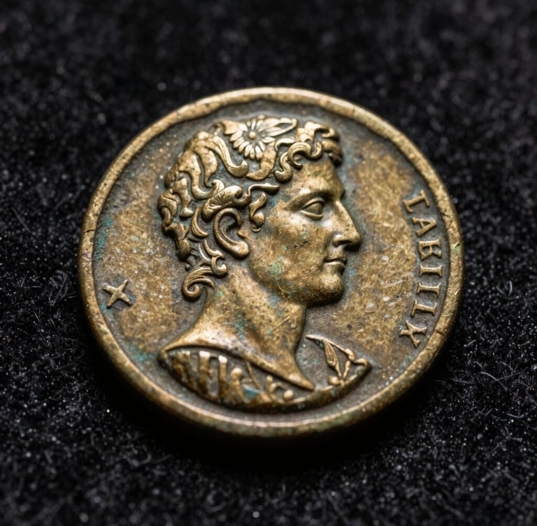 Macro shot of ancient bronze coins on a dark velvet surface, soft warm side lighting highlighting the raised profile of a Roman emperor, shallow depth of field.