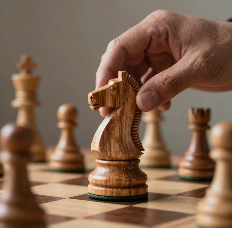 Extreme close-up of hands placing a polished wooden knight on a chess board, warm side light illuminating the grain of the wood, soft background.