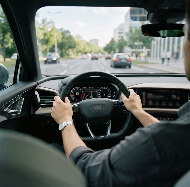 First-person view from the driver seat of a modern clean car, hands confidently on the steering wheel, soft daylight filtering through the windshield, shallow depth of field, 35mm