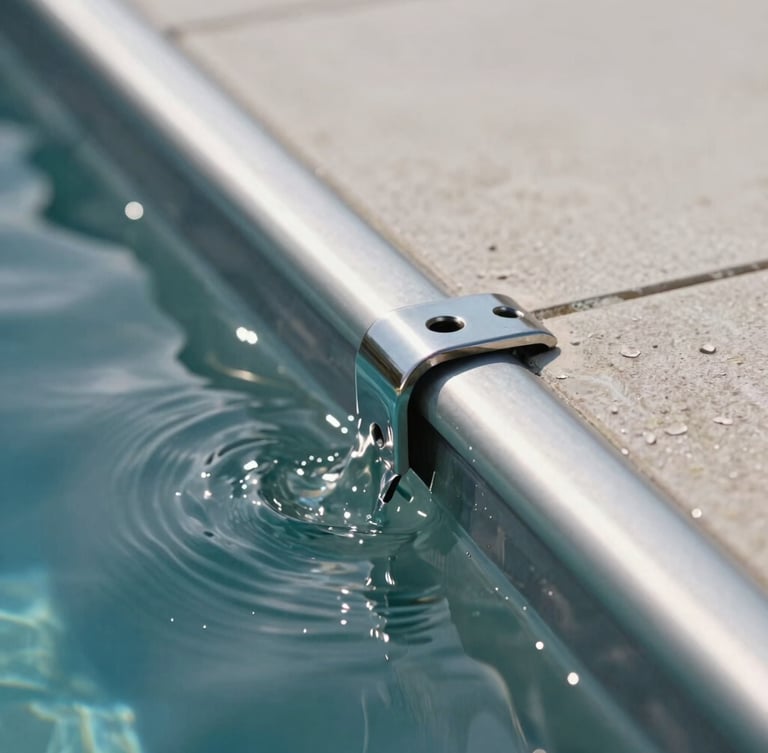 Extreme close-up of still water tension against a polished silver infinity edge, sharp focus on the metallic fixture.