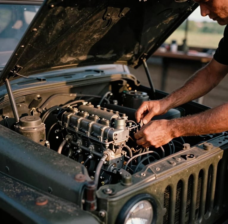 Close-up of a vintage military-style jeep engine under the open hood, a mechanic's hands adjusting the carburetor, warm garage workshop lighting, rugged 35mm film.