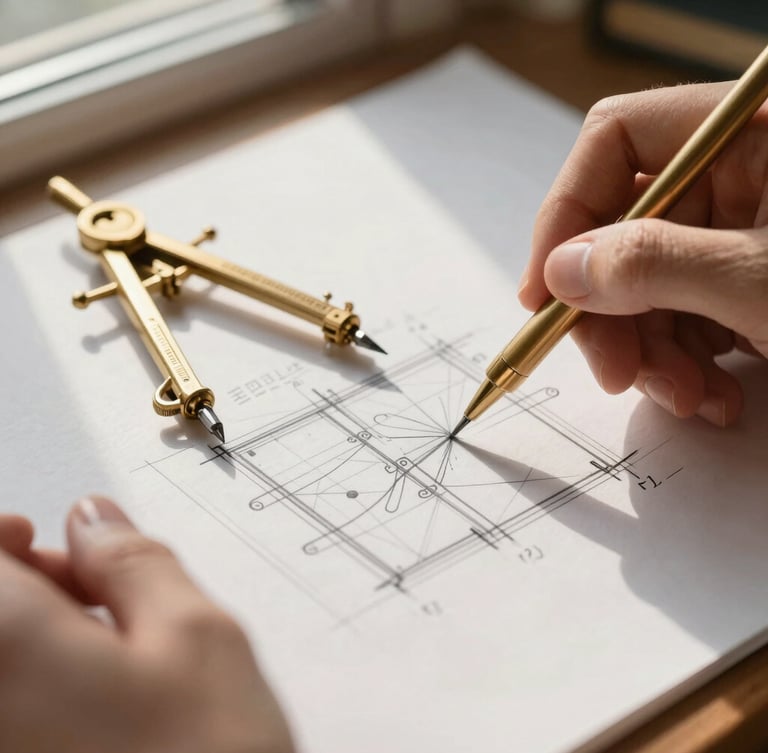 Extreme close-up of hands sketching a structural plan on heavy cotton paper, warm directional library daylight, antique gold compass resting nearby, shallow depth of field