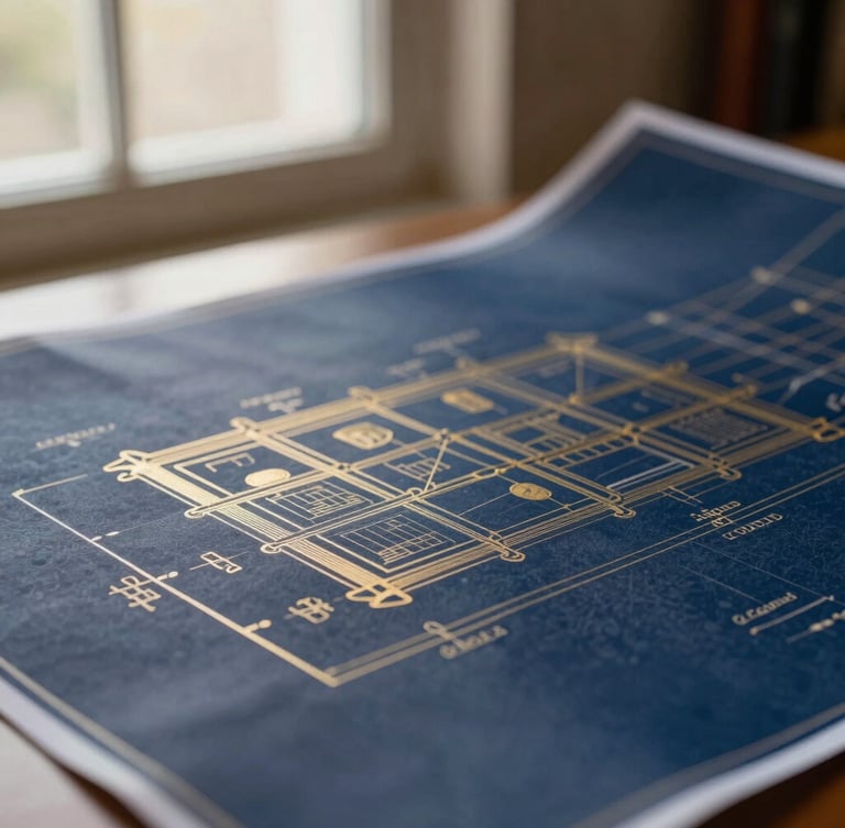 Extreme close-up of architectural blueprints on heavy paper, rich navy tones, soft library window light, shallow depth of field