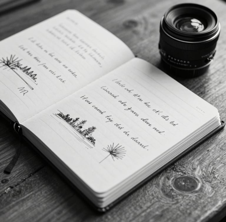Macrophotographie en noir et blanc d'un carnet de notes manuscrit ouvert sur une table en bois clair, écriture fine à l'encre, croquis topographiques marginaux, lumière naturelle douce venant de biais.
